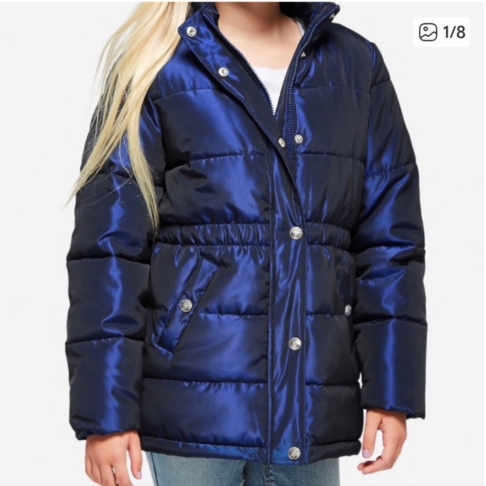 Justice Metallic Sparkle Puffer Winter Coat Jacket Blue Hood 16/18